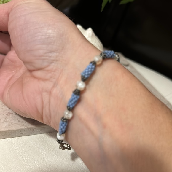 New Handmade Bracelet-Homemade Tube Beads in Blue with White Beads-Hook Closure - Picture 10 of 10
